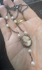Vtg Sterling Silver Cameo Necklace Flanked With Pearls Y Front