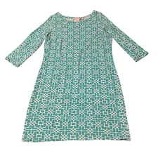 Gretchen Scott Teal White Geometric Print 3/4 Sleeve Knit Dress Size L