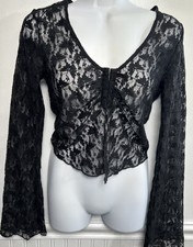 Y2K Whimsigoth Witch Glam Goth Top S Black Lace Crop Ruched L/S Blouse SMALL