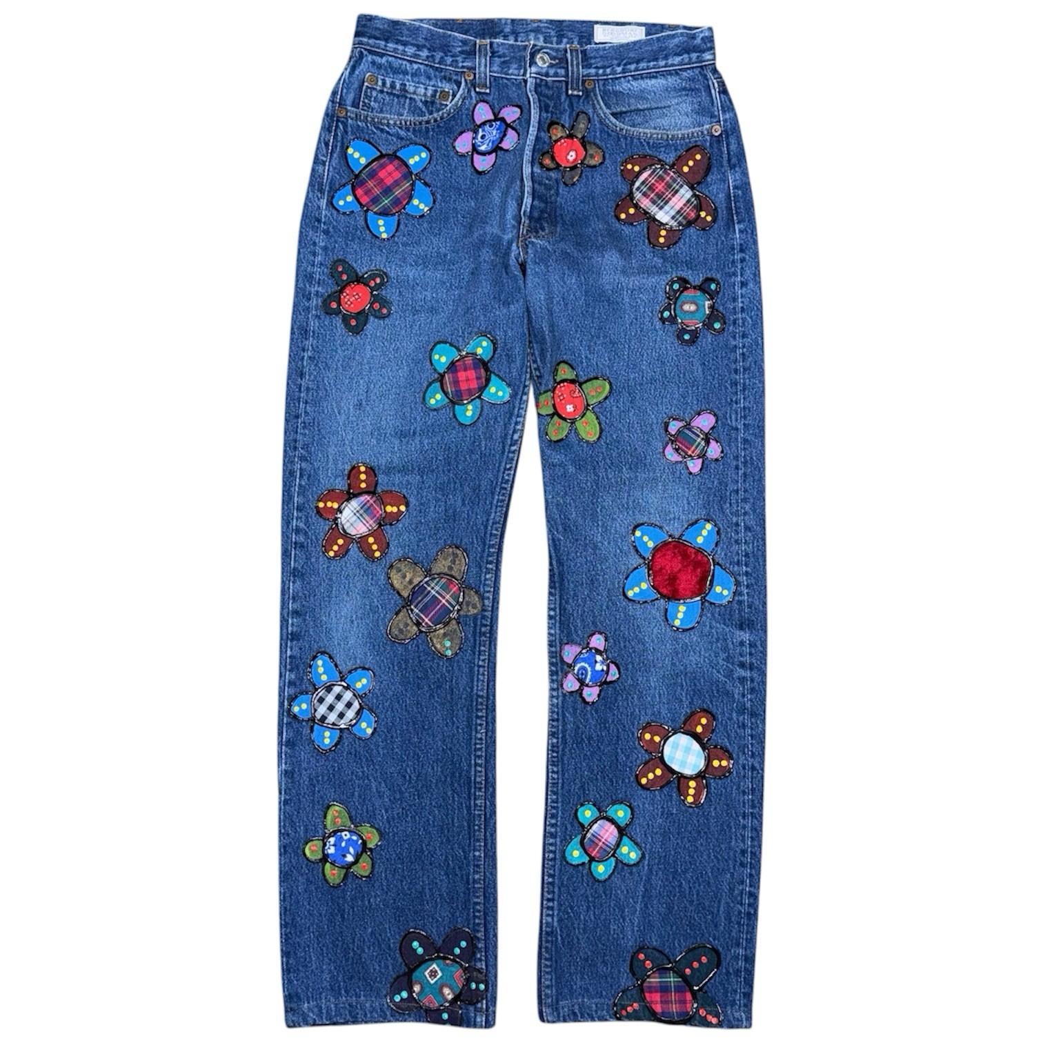 RARE Vintage Leslie Hamel Levis 501 Jeans Handpainted Appliqued Floral Patchwork
