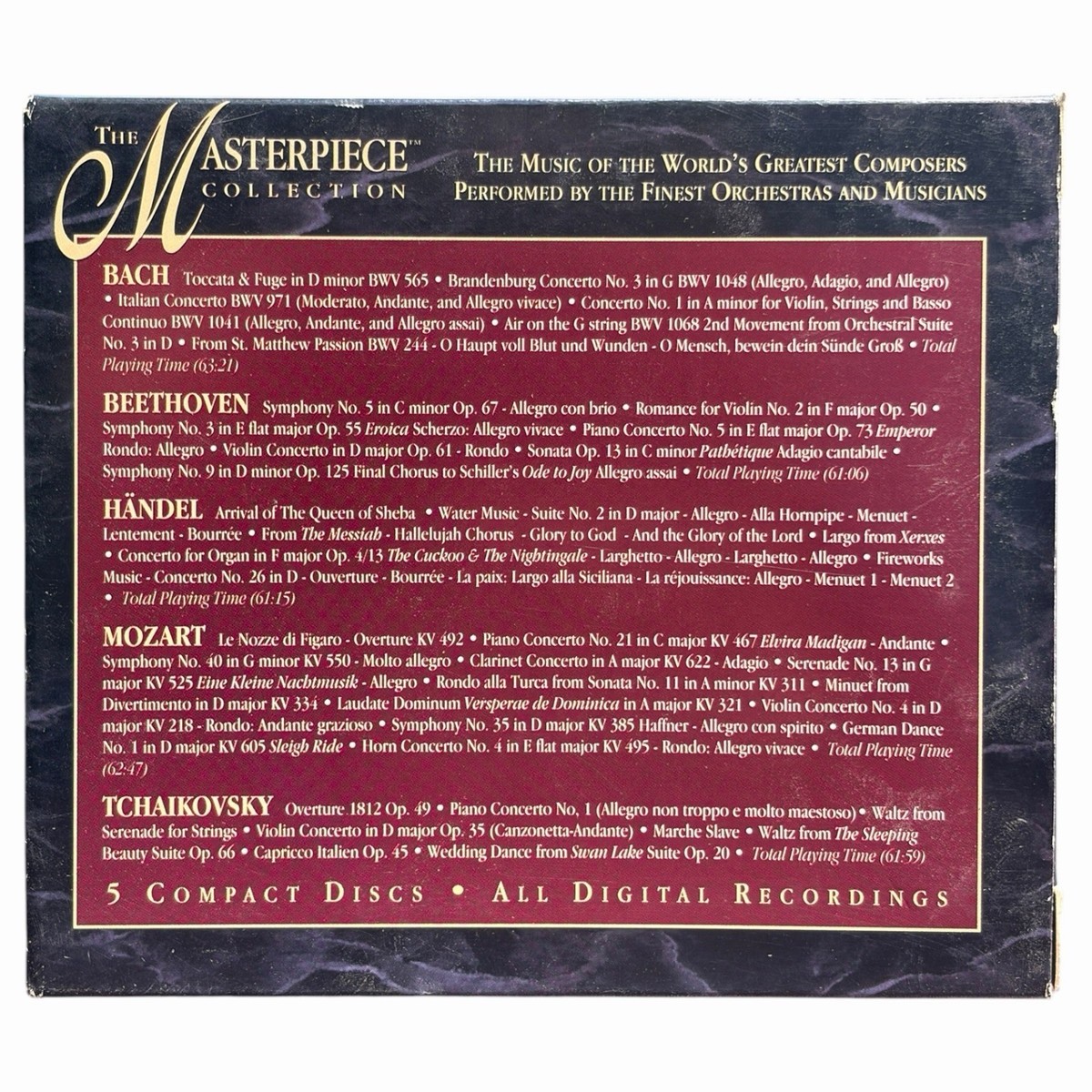 Masterpiece Collection CD Set 5 Discs Bach Beethoven Handel Mozart