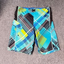 Ocean Pacific Swim Trunks Boys Youth XL Blue Plaid Pockets EUC
