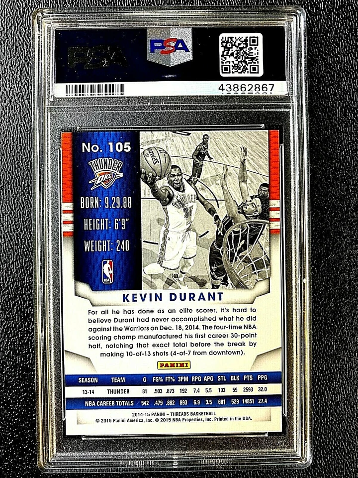 Kevin Durant 2014 Panini THREADS CENTURY Proof GOLD SP #D /25 PSA 9 MINT #105 - Image 2 of 2
