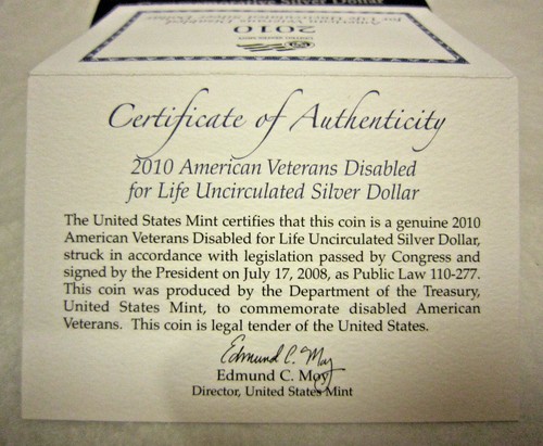 2010 UNC American Veterans Disabled for Life Gedenkmünze Silber Dollar - Bild 5 von 6