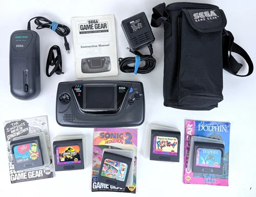Sega Game Gear + 5 Games + Accessories Gaming Console for Repair Turns On but...