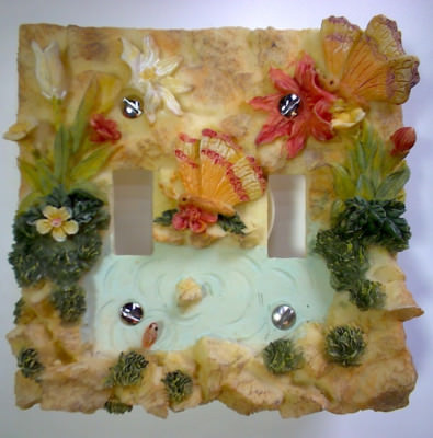 Resin Double Toggle Switchplate Featuring a Pond Flowers Butterflies Rocks Fish