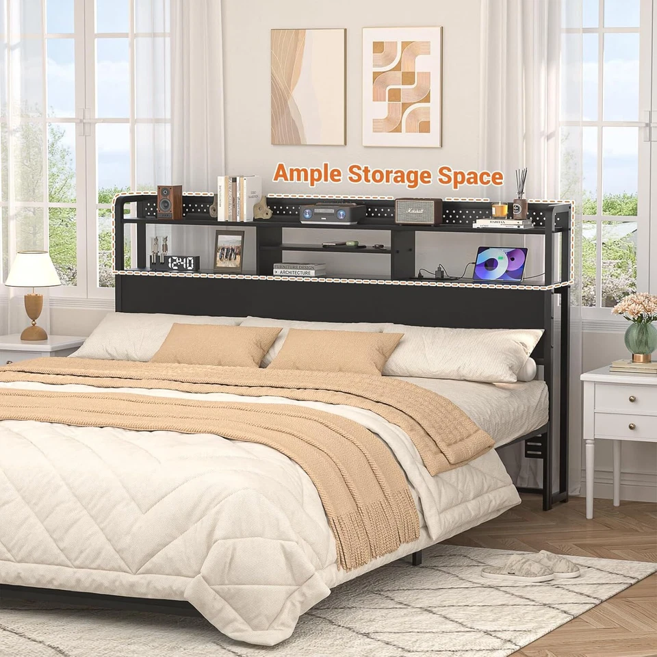 Headboard with Storage Shelf and RGB LED Lights and Power Outlets, Stable, Black - Image 2 of 4