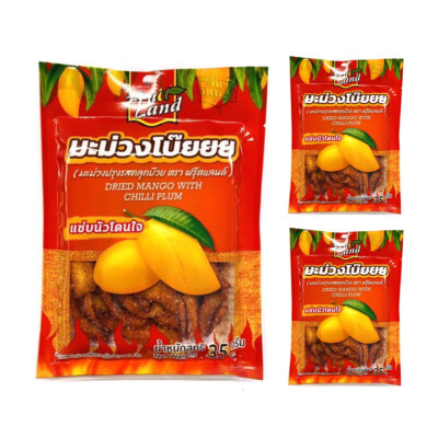 3x Dried Mango Chilli Plum Spicy Sweet & Sour Thai Fruit Snacks Camping 35g