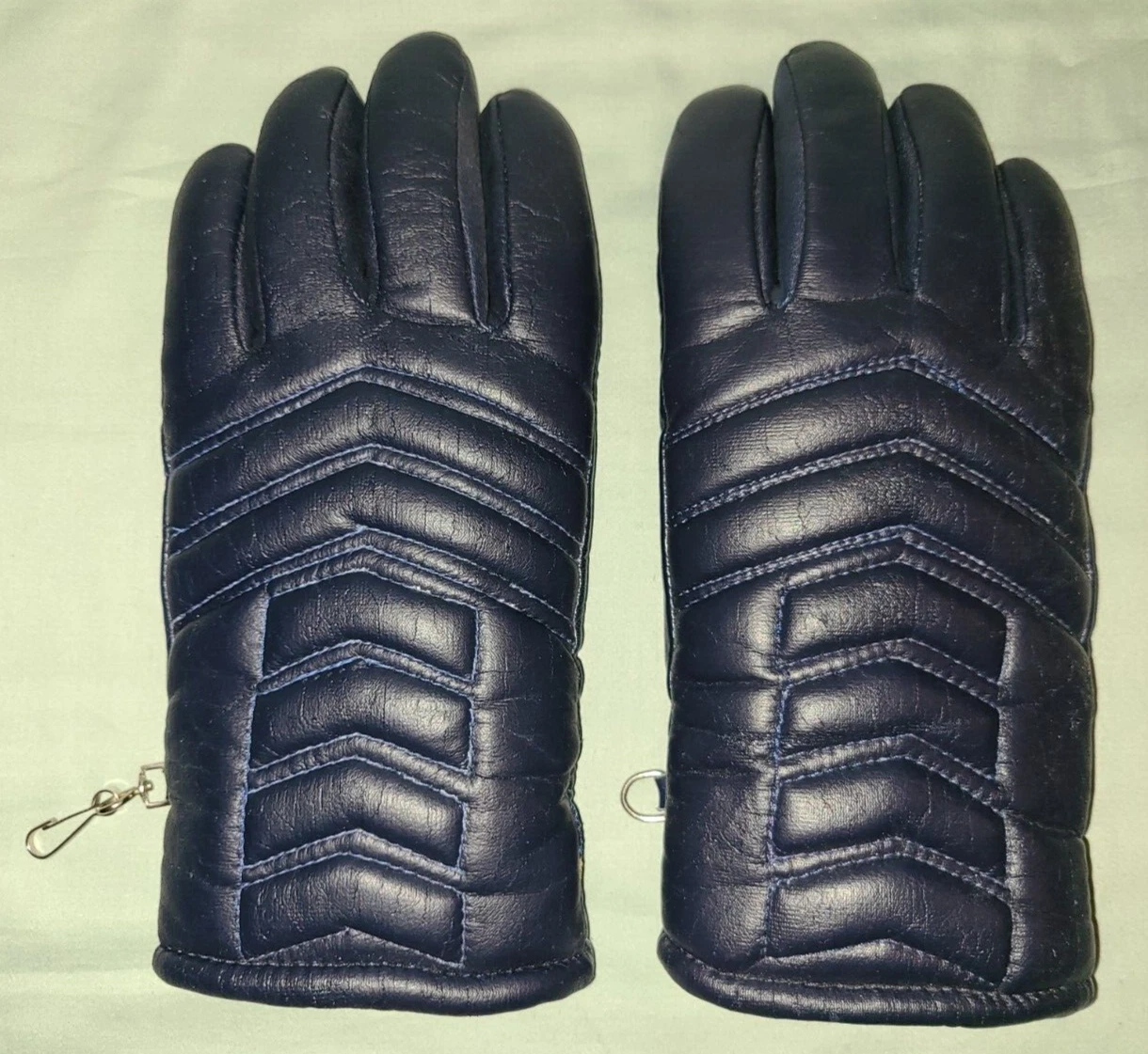 Vtg Olympia navy blue leather palm ski gloves w faux shearling lining, men's M