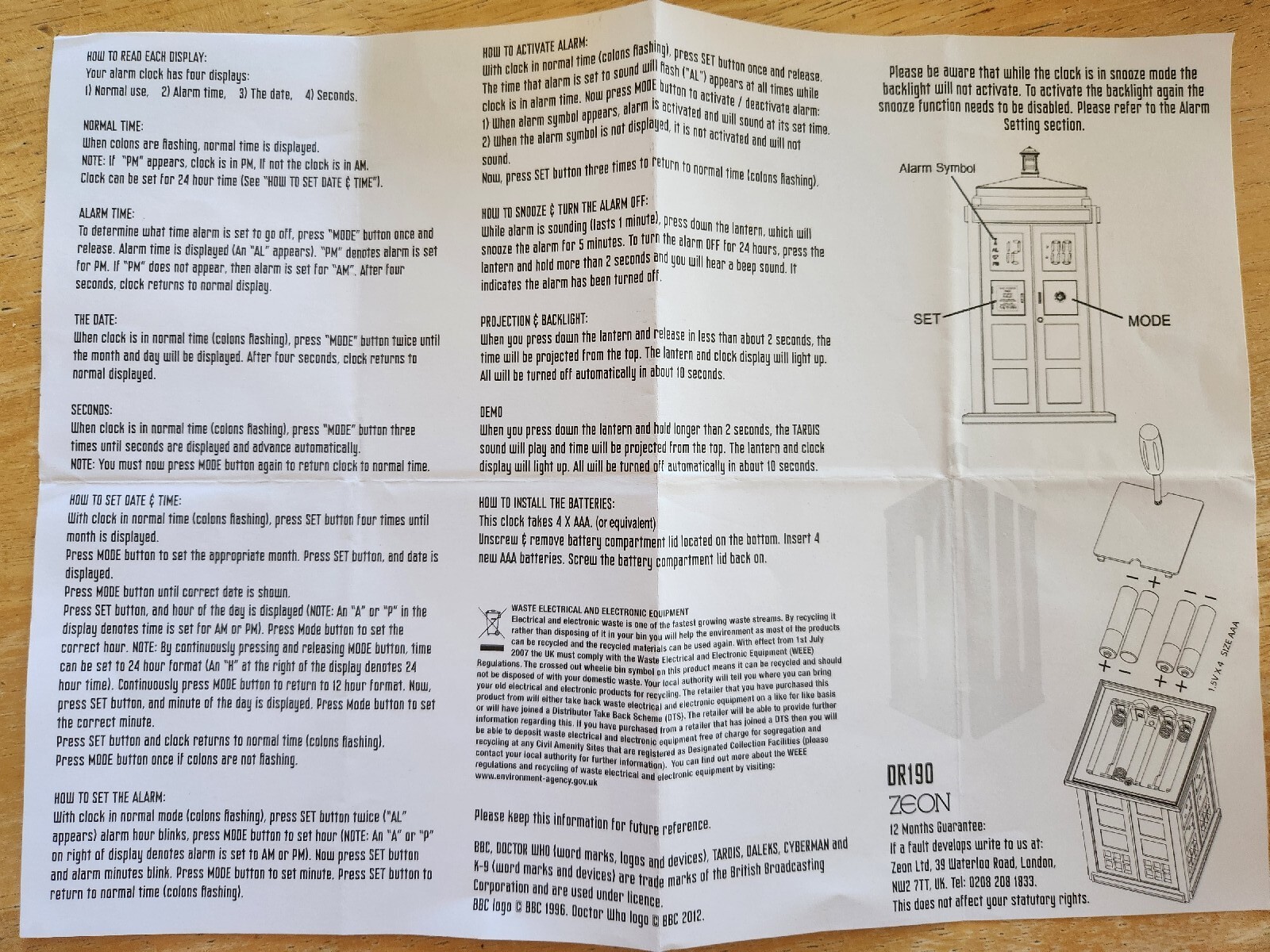 Doctor Who Tardis Police Box Projection Alarm Clock BBC (DR190) 2009