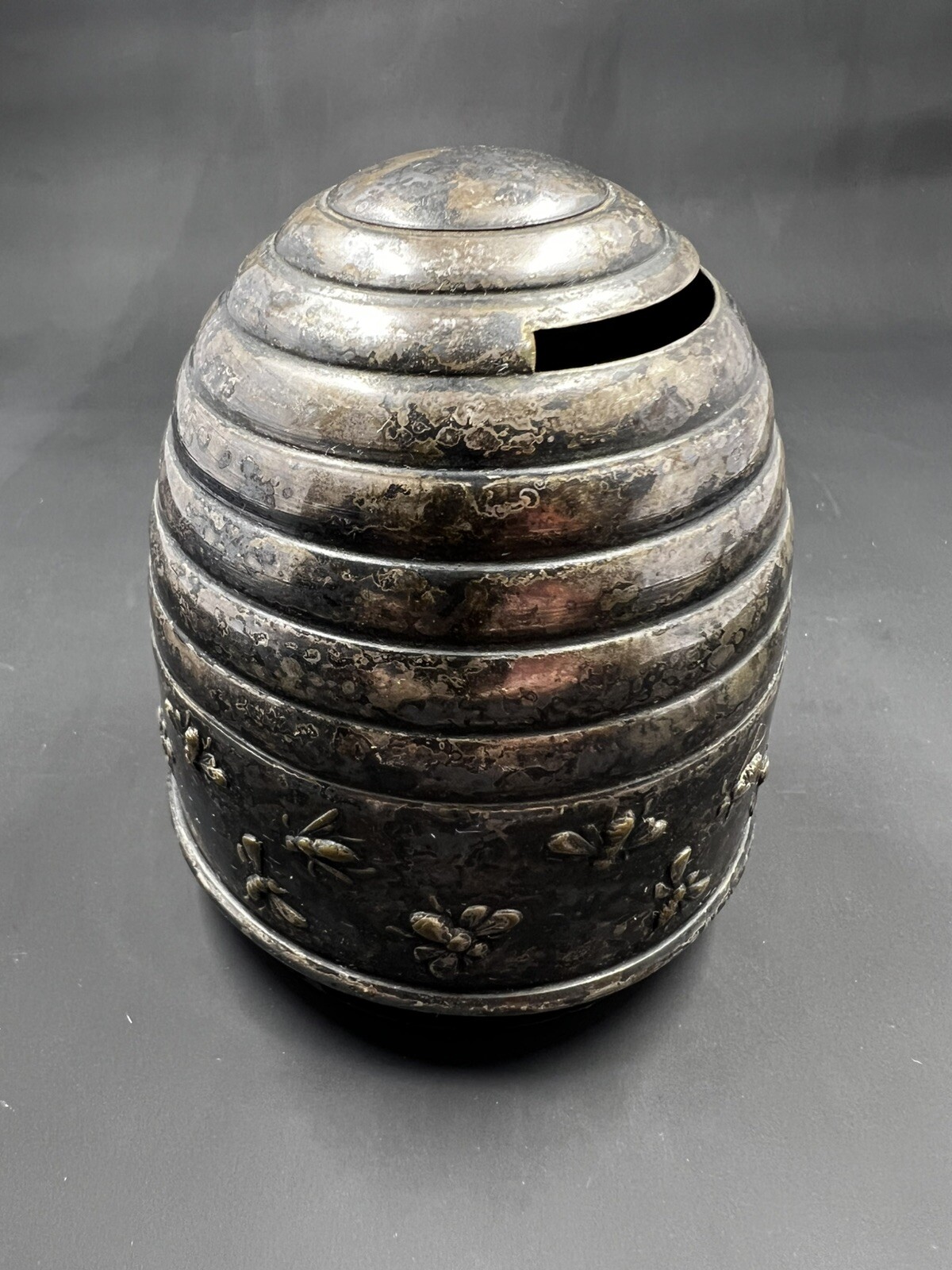 Vintage DANA DFA Danish Silver-Plated Beehive Coin Bank w/ Embossed Bees