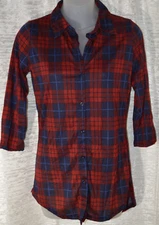Women's Rue 21 Red Plaid Ltwt. Button Front 3/4 Sleeve Blouse Top Sz XS, S, M