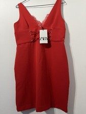 ZARA sleeveless fitted red dress with lace detail on the neck BNWT RRP £49.99