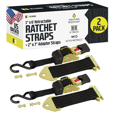DC Cargo Retractable Ratchet Strap w/ E-Track Adapter & S-Hook 1'' x 6' 2-pack