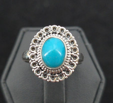 Sterling Turquoise Filigree Oval Ring Women's Size 8 Boho Ornate Vintage Style