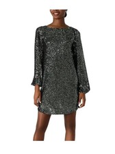 Steve Madden Women's Sequin Mini Long Sleeve Shoulder Pads Dress, Silver, Large