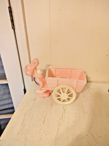 Vintage Pink Plastic Easter Bunny with Wagon, 60's