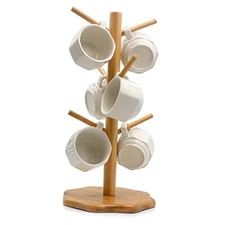 Bamboo Countertop Mug Tree Stand with 6 Hooks, Octagon Base Coffee Cup Tree 