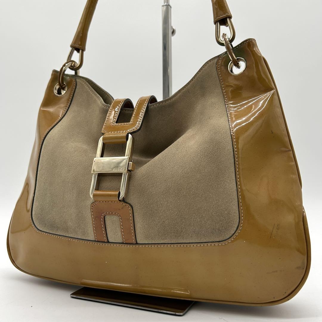 Gucci Jackie Shoulder Bag Beige Suede Patent Leather GG Pattern Auth