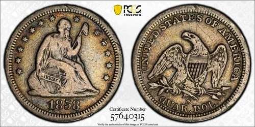 1858~S SEATED LIBERTY QUARTER - PCGS GRADED GENUINE - FINE DETAILS (DAMAGE)
