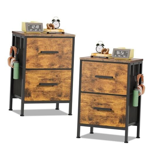 2-Drawer Nightstand Set of 2 with Fabric Storage, Vertical Side Tables-image