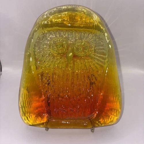 Vintage Glass Amber Owl Figurine Paperweight (Blenko?)7.25 " Tall