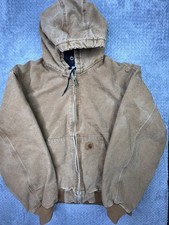 Carhartt Duck Canvas Jacket Khaki Men  s XL J130 211 Hood Quilt Lined Work Faded