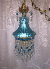 VINTAGE SMALL TEAL CRYSTAL/GLASS HANGING LAMP