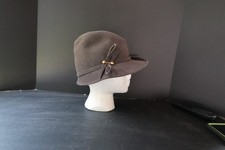 Vtg Chocolate Felt Swoop Brim Hat Union Made USA Gold Accent Beautiful Quality
