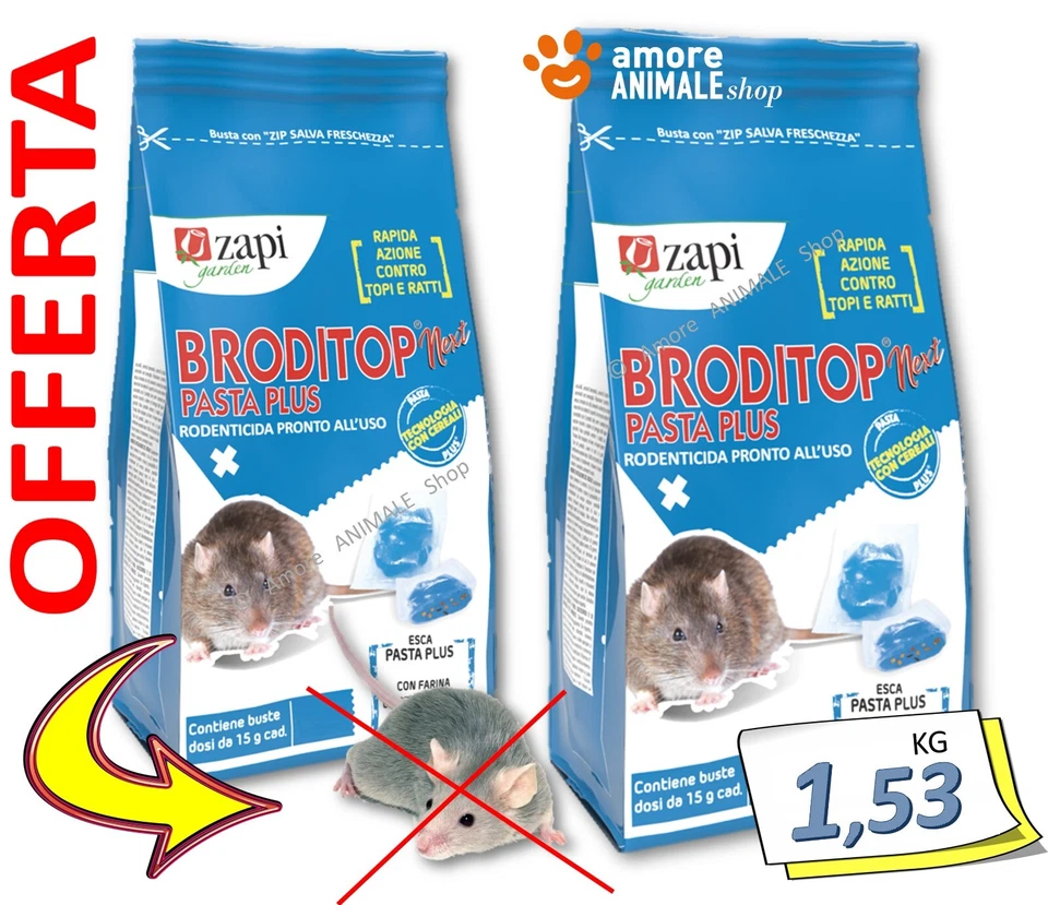 FORMEVET Zapi BRODITOP NEXT PASTA PLUS → 1,53 kg - Esca Topicida per Topi e Ratti