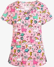 Green Town Llamacorn Love Women's 3 Pocket STRETCH Print Scrub Top Sz. M NEW