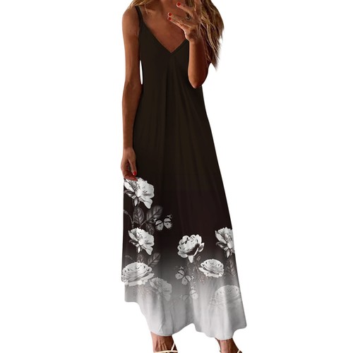 Women Plus Size Maxi Sun Dress Trendy Flowy Beach Long Spaghetti Strap Dress - Picture 3 of 37
