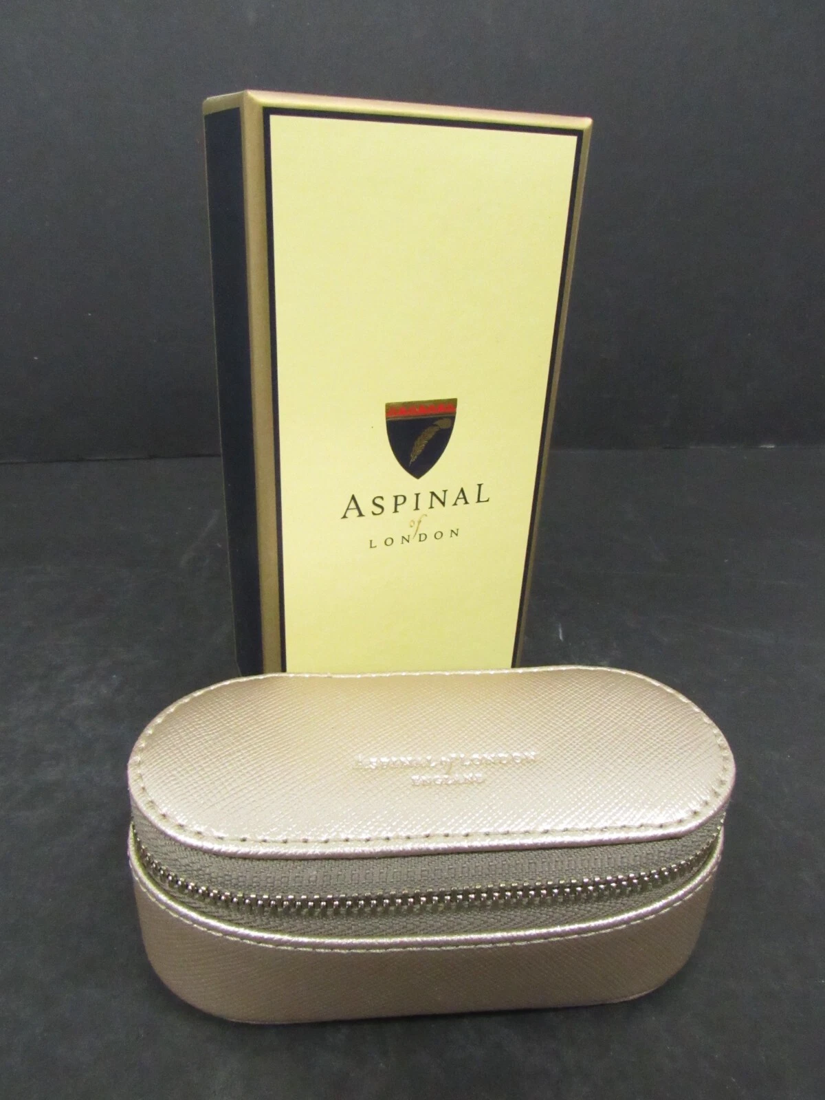 Aspinal of London NWOT Metallic Tan Zippered Handbag Tidy All Storage w  Box