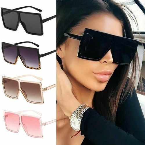 Oversized Black Square Flat Top Large Fashion Sunglasses Women Shades Big UV400 - Afbeelding 1 van 19