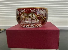 EKKA GLASS Vtg Hand Painted Bohemian Czech Ruby Red and 22K Gold Candy Bow