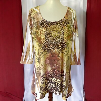 Cal Style Woman s Tunic Top Multicolor Shark Bite Hem Studded Size XL Blouse