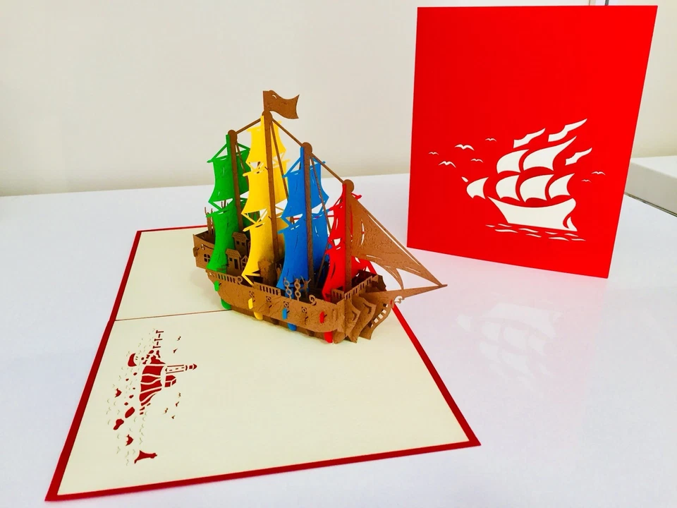 Paquete de 4 tarjetas de felicitación emergentes 3D de barco pirata intrincado para cualquier ocasión Foto 4 de 4