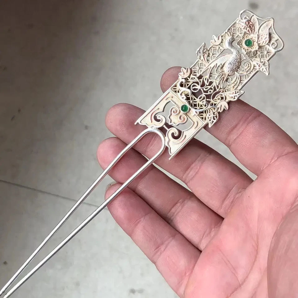 Китайские винтажные этнические украшения для волос Miao Silver Cloisonne Phoenix - Изображение 2 из 3