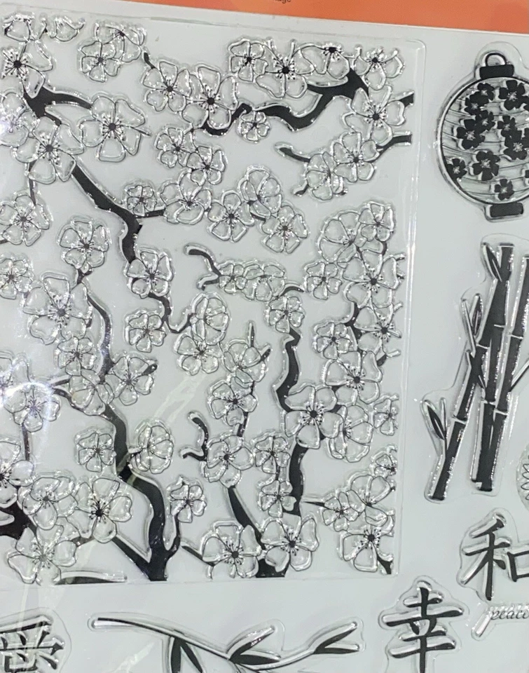 Juego de 12 sellos transparentes FISKARS de bambú linterna flores de cerezo de inspiración asiática nuevo Foto 2 de 4