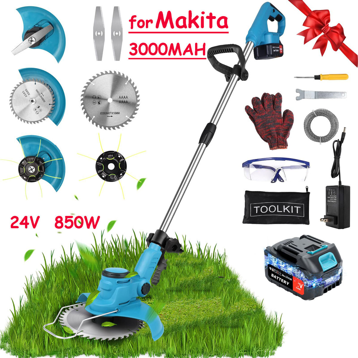 Grass Trimmer Cordless Electric Weed Eaters & Weed Trimmer, 24V Weed Wacker Kit With Upgraded Wheels