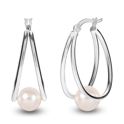 LeCalla 925 Sterling Silver Jewelry Pearl Oval Hoop Earring for Women Teen 29 mm