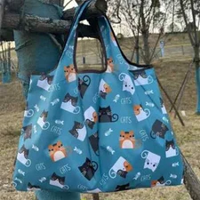 Teal Kitty Print Reusable Shopping Bag, Large Capacity