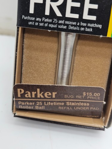 Parker 25 Roller Ball Pen Stainless Steel Black Ink Vintage NOS In Box - Picture 2 of 6