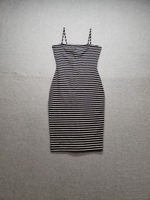 Windsor Women Mini Dress S Black Striped Stretch Spaghetti Strap Pullover Party
