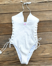 Victoria  s Secret Ensenada Smocked One Piece Swimsuit Size M Lace Up Off White