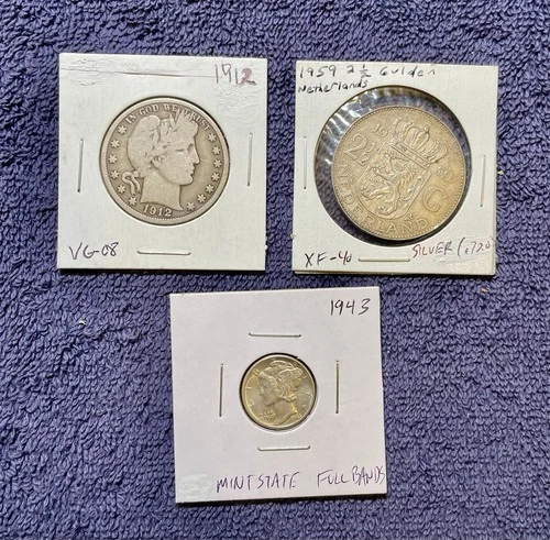 3 Silver Coins (1912 Barber Half; 1959 2 1/2 GULDEN; & MS 1943 Mercury Dime)