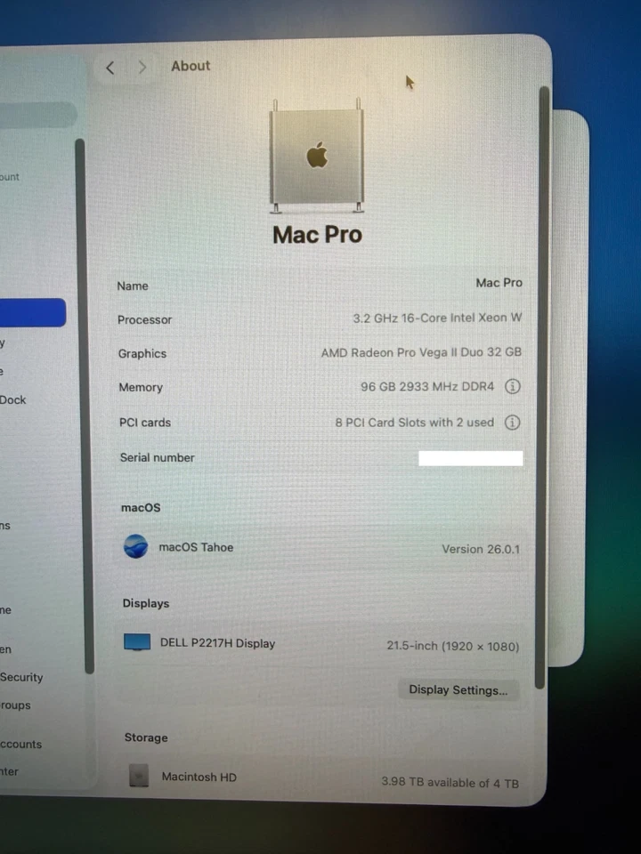 2019 Apple Mac Pro A1991 W-3245 3.2GHz 16 Core 96GB RAM 4TB SSD - Vega II Duo - Image 4 of 4
