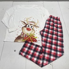 Christmas Reindeer Pajama Set Mens Large Red Plaid Long Sleeve Top Pants Xmas