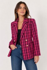 Rachel Zoe Pink Black Tweed Blazer M Double Breasted Gold Button Boucle