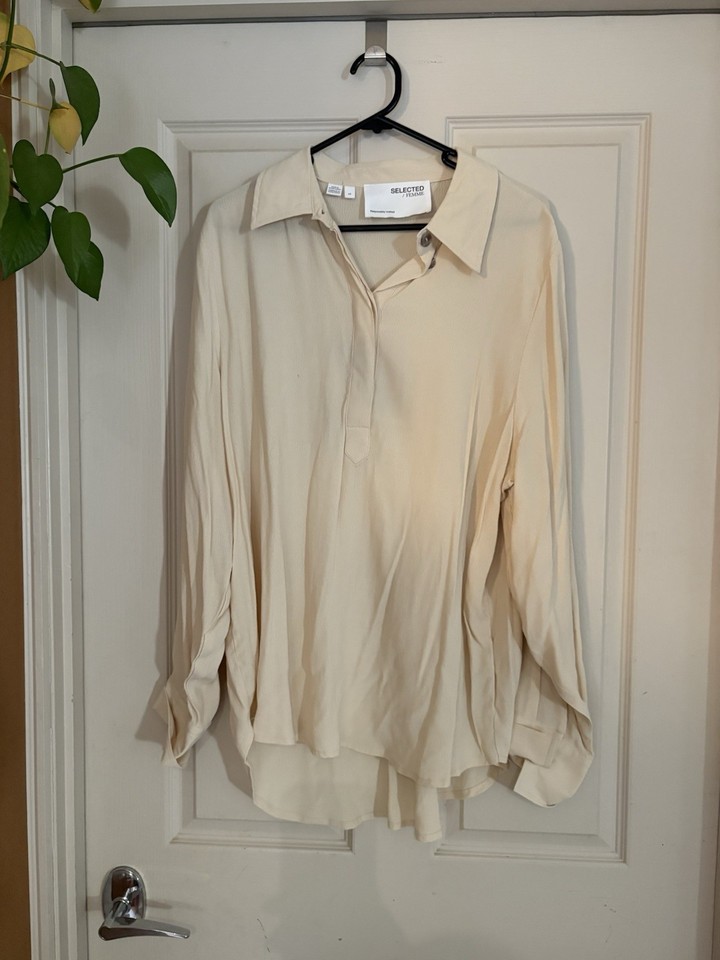 Women’s White/Cream Long Sleeve Button Up Shirt Top Tshirt Loose Comfortable Fit